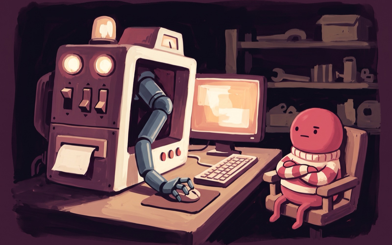 A machine reaches an arm out of its own casing to work a mouse and keyboard at a desk while a creature watches from a chair, arms folded.
