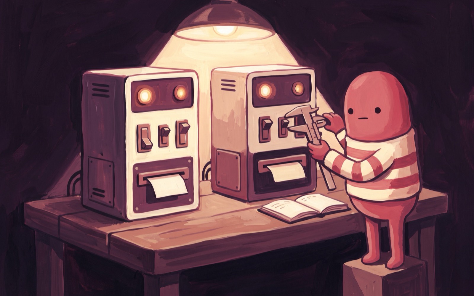 A creature measures one of two similar machines with a large pair of callipers on a workbench under a bright lamp, notebook open.
