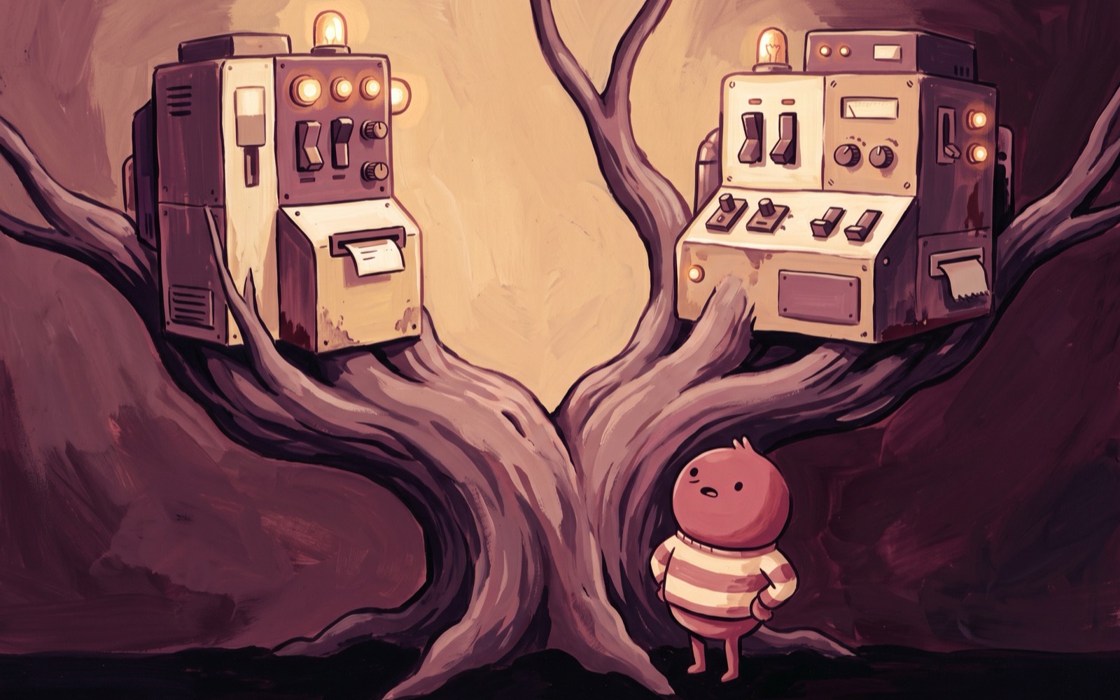 One thick trunk splits into two branches with a different machine grown at the end of each, a creature standing at the fork looking up at both.