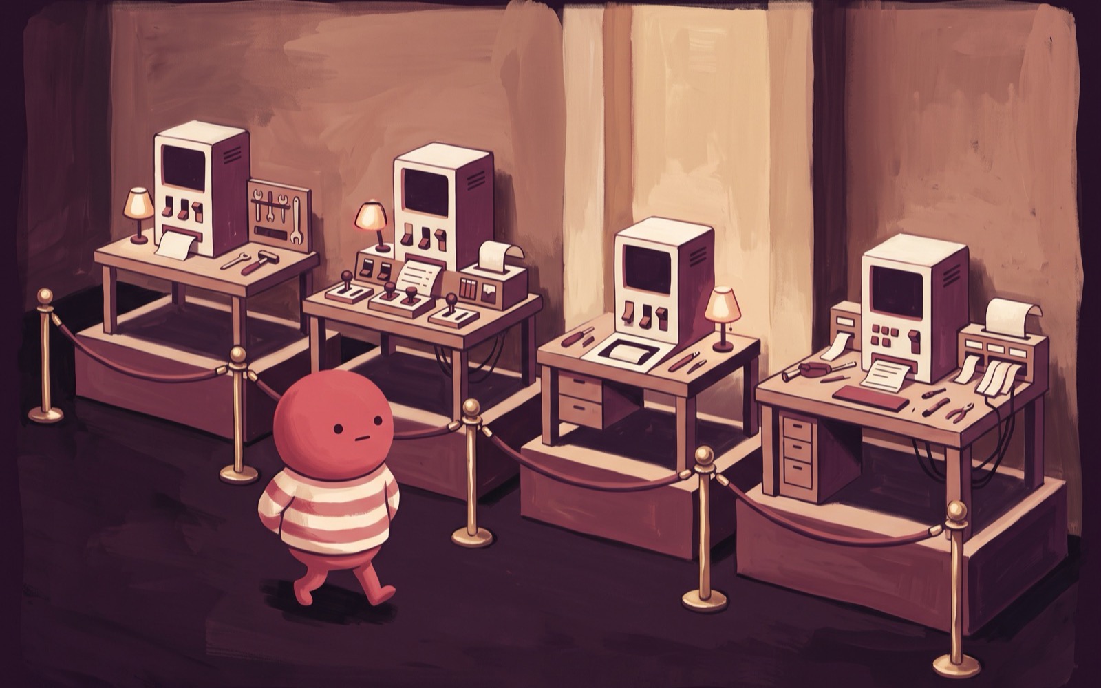 Four different workbench setups displayed on plinths in a quiet gallery, a creature walking the room inspecting them with its hands behind its back.