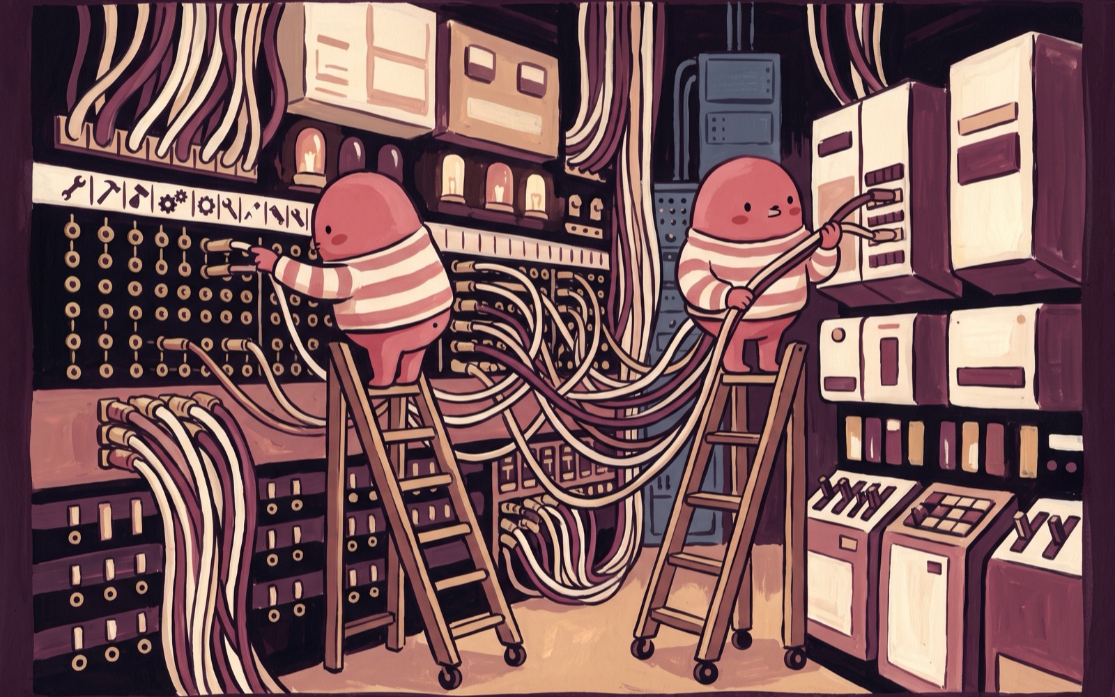 Two creatures on rolling ladders patch thick cables across a floor-to-ceiling switchboard, tool sockets on one side, machines on the other.